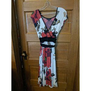Lily Women's V Neck Short Sleeve Dress White Coral Tan Size XS Tie Back